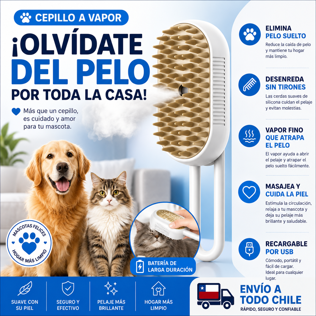 Cepillo Vapor 3 en 1 Perros Gatos Portátatil